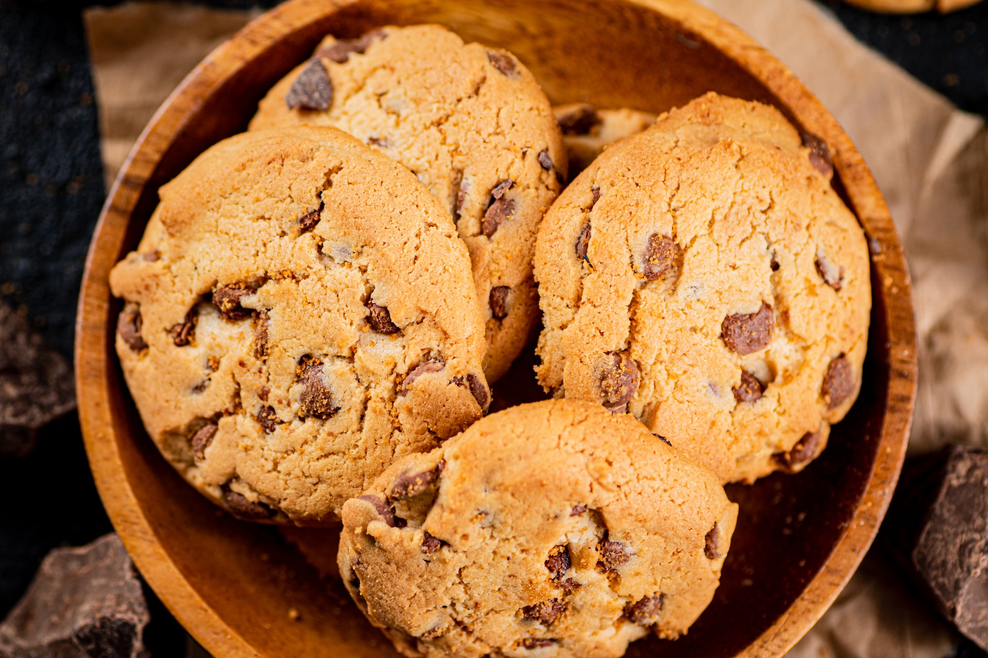 Homemade cookies with chocolate. Against a dark background